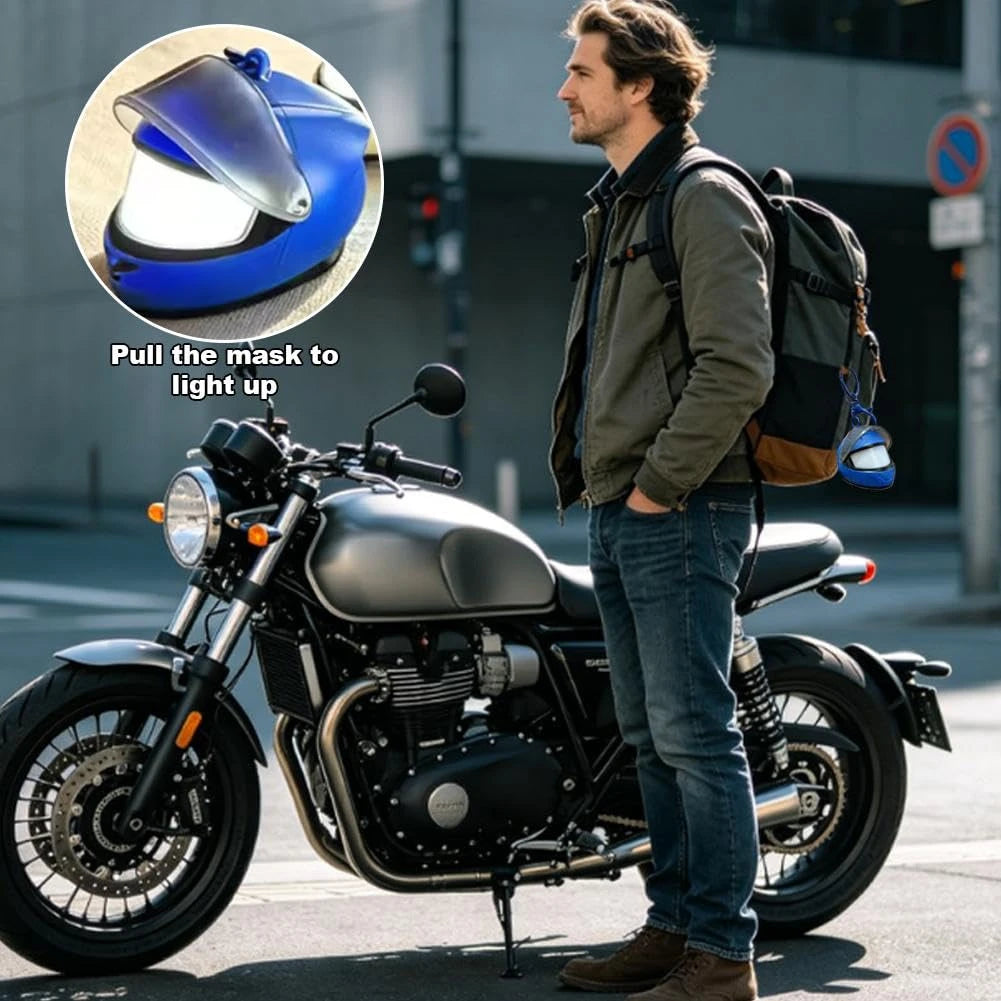 Świecący brelok do kluczy w kształcie kasku motocyklowego 3D – miniaturowy kask z funkcją latarki dla motocyklistów i miłośników motocykli