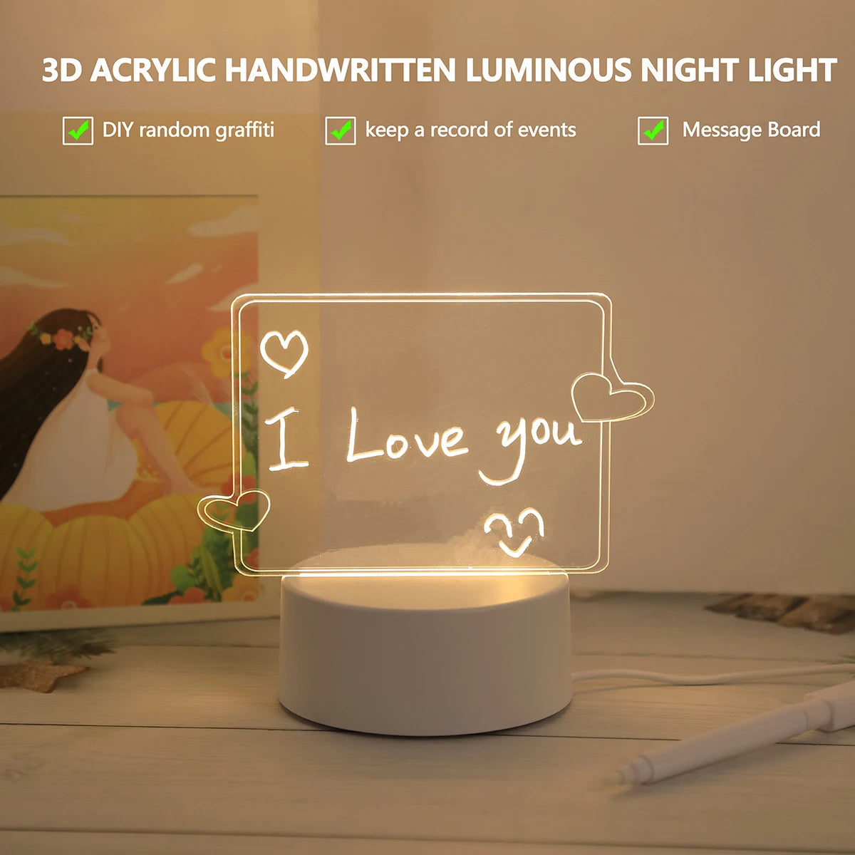 Świecąca lampka nocna USB „Love” z funkcją pisania i ścierania (efekt 3D)