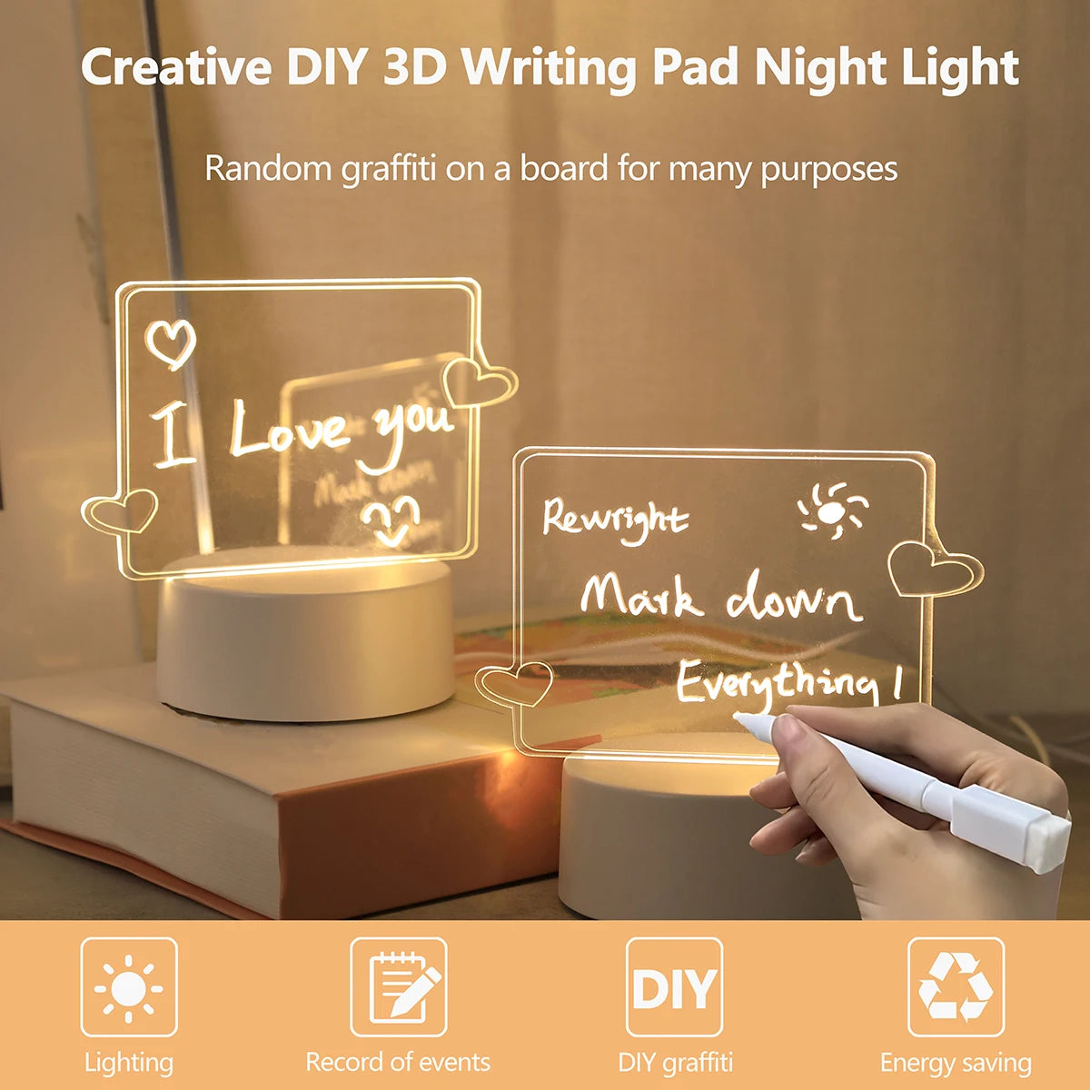 Świecąca lampka nocna USB „Love” z funkcją pisania i ścierania (efekt 3D)